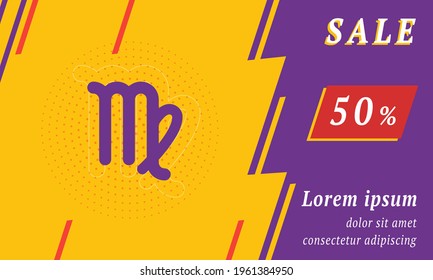 Sale promotion banner with place for your text. On the left is the zodiac virgo symbol. Promotional text with discount percentage on the right side. Vector illustration on yellow background