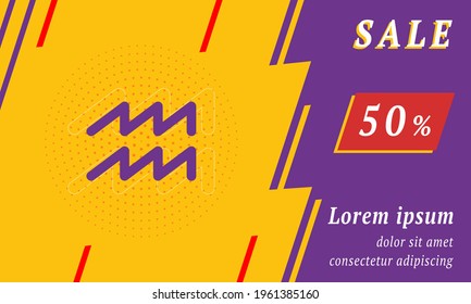 Sale promotion banner with place for your text. On the left is the zodiac aquarius symbol. Promotional text with discount percentage on the right side. Vector illustration on yellow background