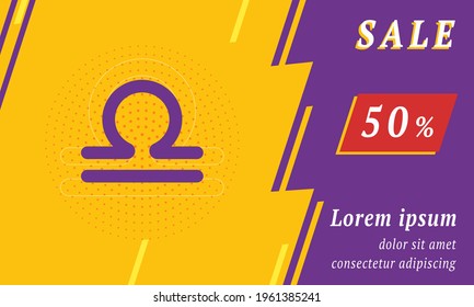 Sale promotion banner with place for your text. On the left is the zodiac libra symbol. Promotional text with discount percentage on the right side. Vector illustration on yellow background