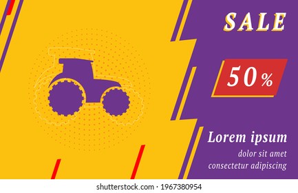 Sale Promotion Banner With Place For Your Text. On The Left Is The Tractor Symbol. Promotional Text With Discount Percentage On The Right Side. Vector Illustration On Yellow Background