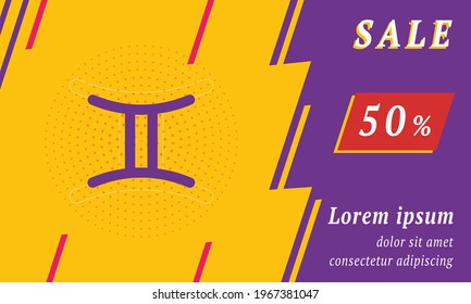 Sale promotion banner with place for your text. On the left is the zodiac gemini symbol. Promotional text with discount percentage on the right side. Vector illustration on yellow background