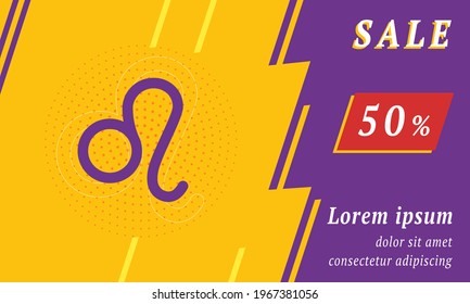 Sale promotion banner with place for your text. On the left is the zodiac leo symbol. Promotional text with discount percentage on the right side. Vector illustration on yellow background