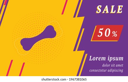 Sale promotion banner with place for your text. On the left is the dog bone symbol. Promotional text with discount percentage on the right side. Vector illustration on yellow background