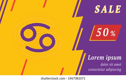 Sale promotion banner with place for your text. On the left is the cancer zodiac symbol. Promotional text with discount percentage on the right side. Vector illustration on yellow background