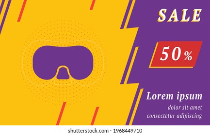 Sale promotion banner with place for your text. On the left is the diving goggles symbol. Promotional text with discount percentage on the right side. Vector illustration on yellow background