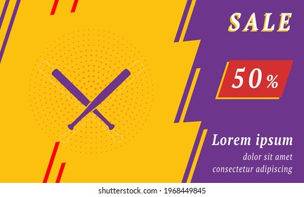 Banner de promoción de ventas con lugar para tu texto. A la izquierda está el símbolo de los bates de béisbol. Texto promocional con porcentaje de descuento en el lado derecho. Ilustración del vector sobre fondo amarillo