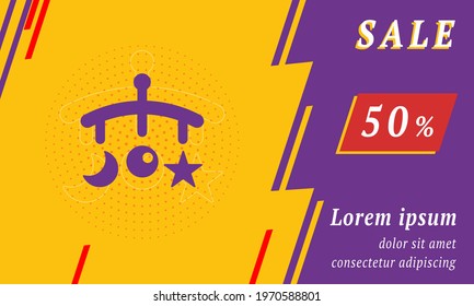 Sale promotion banner with place for your text. On the left is the baby mobile. Promotional text with discount percentage on the right side. Vector illustration on yellow background