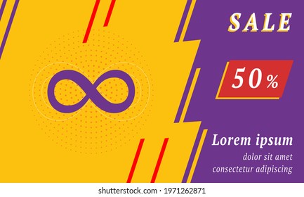 Sale promotion banner with place for your text. On the left is the infinity symbol. Promotional text with discount percentage on the right side. Vector illustration on yellow background
