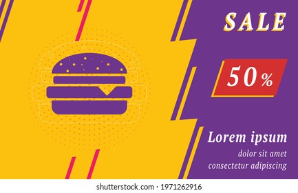 Sale promotion banner with place for your text. On the left is the hamburger symbol. Promotional text with discount percentage on the right side. Vector illustration on yellow background