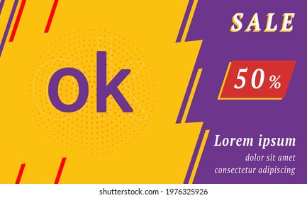 Sale promotion banner with place for your text. On the left is the ok symbol. Promotional text with discount percentage on the right side. Vector illustration on yellow background