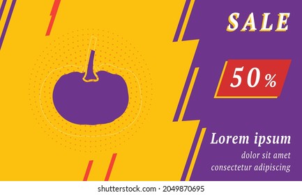 Sale promotion banner with place for your text. On the left is the pumpkin symbol. Promotional text with discount percentage on the right side. Vector illustration on yellow background