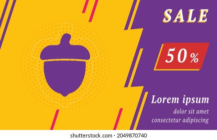 Sale promotion banner with place for your text. On the left is the acorn symbol. Promotional text with discount percentage on the right side. Vector illustration on yellow background