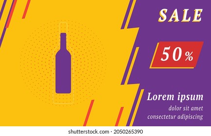 Sale promotion banner with place for your text. On the left is the beer bottle symbol. Promotional text with discount percentage on the right side. Vector illustration on yellow background