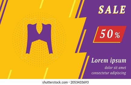 Sale promotion banner with place for your text. On the left is the women's jacket symbol. Promotional text with discount percentage on the right side. Vector illustration on yellow background