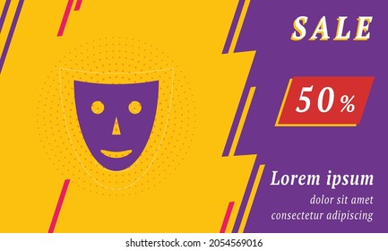 Sale promotion banner with place for your text. On the left is the theatrical mask. Promotional text with discount percentage on the right side. Vector illustration on yellow background