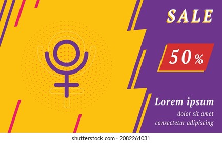 Sale promotion banner with place for your text. On the left is the astrological pluto symbol. Promotional text with discount percentage on the right side. Vector illustration on yellow background