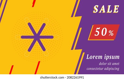 Sale promotion banner with place for your text. On the left is the astrological sextile symbol. Promotional text with discount percentage on the right side. Vector illustration on yellow background