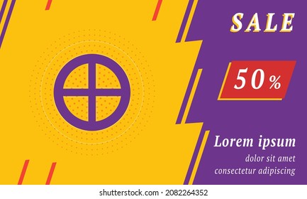Sale promotion banner with place for your text. On the left is the astrological earth symbol. Promotional text with discount percentage on the right side. Vector illustration on yellow background