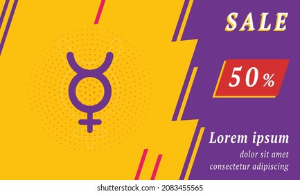 Sale promotion banner with place for your text. On the left is the astrological mercury symbol. Promotional text with discount percentage on the right side. Vector illustration on yellow background