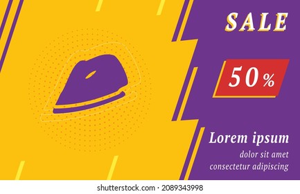 Sale promotion banner with place for your text. On the left is the iron symbol. Promotional text with discount percentage on the right side. Vector illustration on yellow background