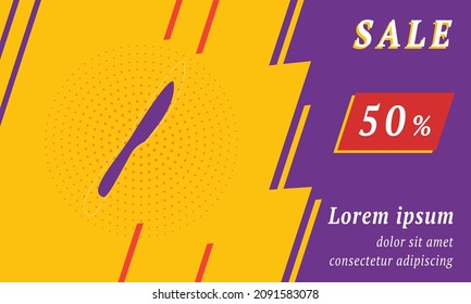 Sale promotion banner with place for your text. On the left is the kitchen knife symbol. Promotional text with discount percentage on the right side. Vector illustration on yellow background