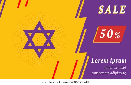 Sale promotion banner with place for your text. On the left is the star of David symbol. Promotional text with discount percentage on the right side. Vector illustration on yellow background