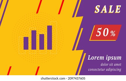 Sale promotion banner with place for your text. On the left is the chart line symbol. Promotional text with discount percentage on the right side. Vector illustration on yellow background