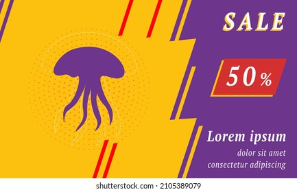 Sale promotion banner with place for your text. On the left is the jellyfish symbol. Promotional text with discount percentage on the right side. Vector illustration on yellow background