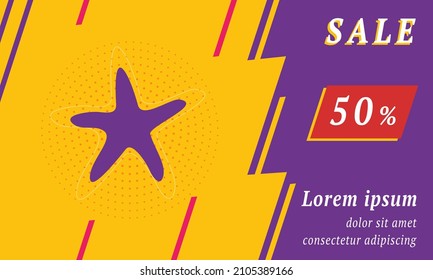 Sale promotion banner with place for your text. On the left is the starfish symbol. Promotional text with discount percentage on the right side. Vector illustration on yellow background