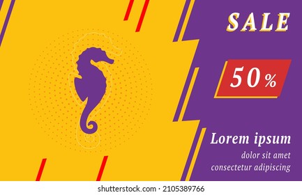 Sale promotion banner with place for your text. On the left is the sea horse symbol. Promotional text with discount percentage on the right side. Vector illustration on yellow background