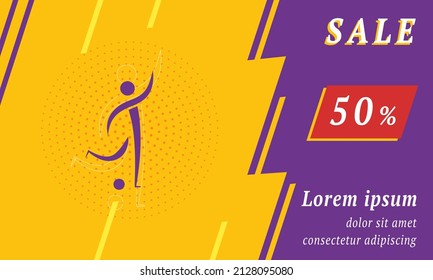 Sale promotion banner with place for your text. On the left is the football soccer symbol. Promotional text with discount percentage on the right side. Vector illustration on yellow background
