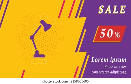 Sale promotion banner with place for your text. On the left is the table lamp symbol. Promotional text with discount percentage on the right side. Vector illustration on yellow background