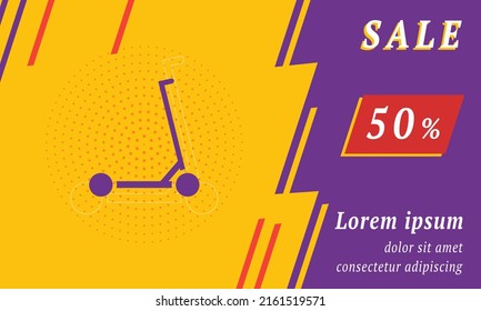 Sale Promotion Banner With Place For Your Text. On The Left Is The Kick Scooter Symbol. Promotional Text With Discount Percentage On The Right Side. Vector Illustration On Yellow Background