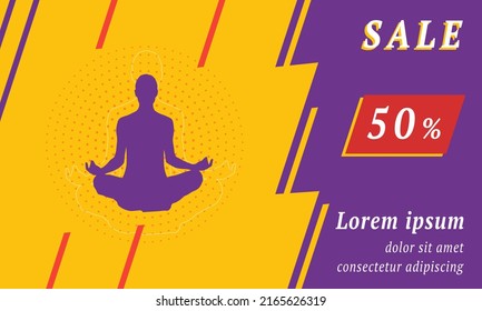 Sale promotion banner with place for your text. On the left is the yoga symbol. Promotional text with discount percentage on the right side. Vector illustration on yellow background