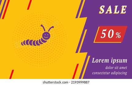 Sale promotion banner with place for your text. On the left is the caterpillar symbol. Promotional text with discount percentage on the right side. Vector illustration on yellow background
