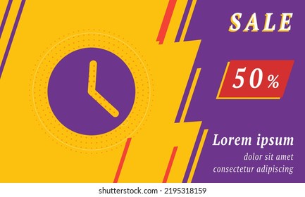 Sale promotion banner with place for your text. On the left is the time symbol. Promotional text with discount percentage on the right side. Vector illustration on yellow background