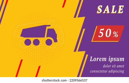 Sale promotion banner with place for your text. On the left is the truck symbol. Promotional text with discount percentage on the right side. Vector illustration on yellow background