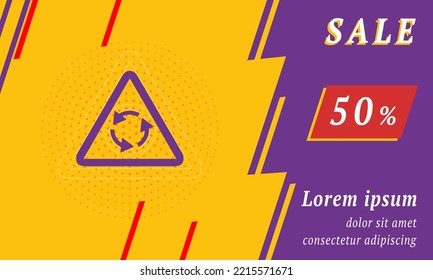 Sale promotion banner with place for your text. On the left is the roundabout sign. Promotional text with discount percentage on the right side. Vector illustration on yellow background