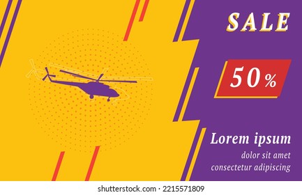 Sale promotion banner with place for your text. On the left is the helicopter symbol. Promotional text with discount percentage on the right side. Vector illustration on yellow background