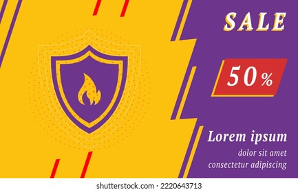 Sale promotion banner with place for your text. On the left is the fire protection symbol. Promotional text with discount percentage on the right side. Vector illustration on yellow background