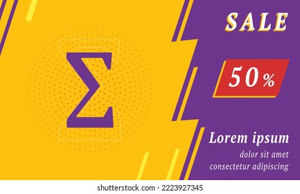 Sale promotion banner with place for your text. On the left is the sigma symbol. Promotional text with discount percentage on the right side. Vector illustration on yellow background