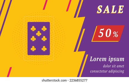 Sale promotion banner with place for your text. On the left is the seven of clubs playing card. Promotional text with discount percentage on the right side. Vector illustration on yellow background