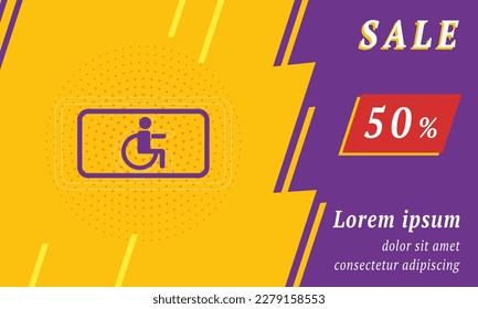 Sale promotion banner with place for your text. On the left is the disabled road sign. Promotional text with discount percentage on the right side. Vector illustration on yellow background