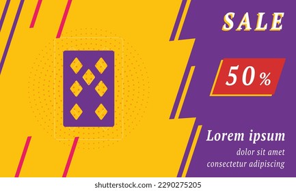 Sale promotion banner with place for your text. On the left is the seven of diamonds playing card. Promotional text with discount percentage on the right side. Vector illustration on yellow background