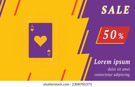 Sale promotion banner with place for your text. On the left is the ace of heart card. Promotional text with discount percentage on the right side. Vector illustration on yellow background