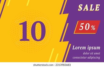 Sale promotion banner with place for your text. On the left is the number ten symbol. Promotional text with discount percentage on the right side. Vector illustration on yellow background