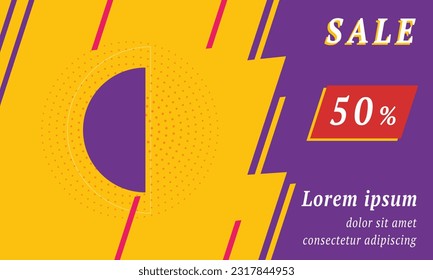 Sale promotion banner with place for your text. On the left is the semicircle symbol. Promotional text with discount percentage on the right side. Vector illustration on yellow background