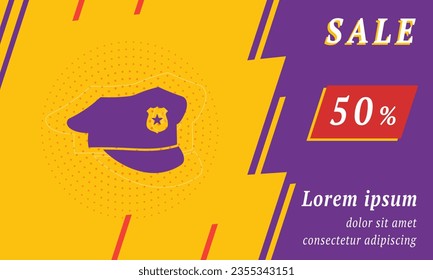 Sale promotion banner with place for your text. On the left is the police cap symbol. Promotional text with discount percentage on the right side. Vector illustration on yellow background