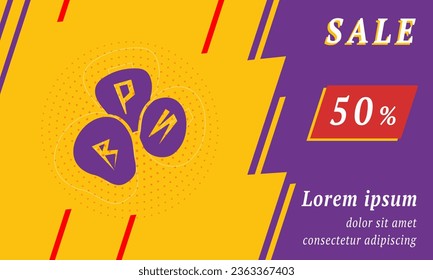 Sale promotion banner with place for your text. On the left is the divination stones symbol. Promotional text with discount percentage on the right side. Vector illustration on yellow background