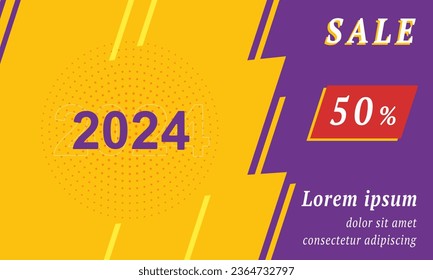 Sale promotion banner with place for your text. On the left is the 2024 year symbol. Promotional text with discount percentage on the right side. Vector illustration on yellow background